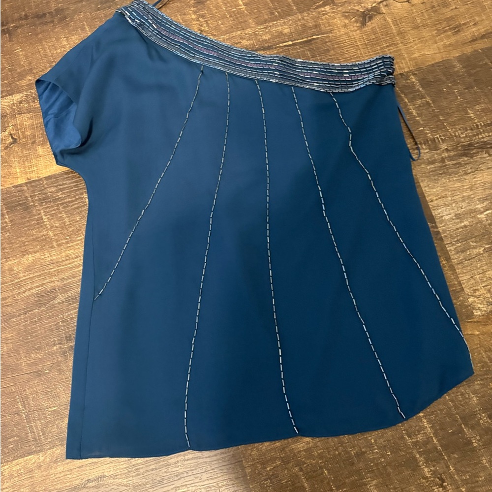 Tibi Teal One-Shoulder Blouse with Contrast Stitching